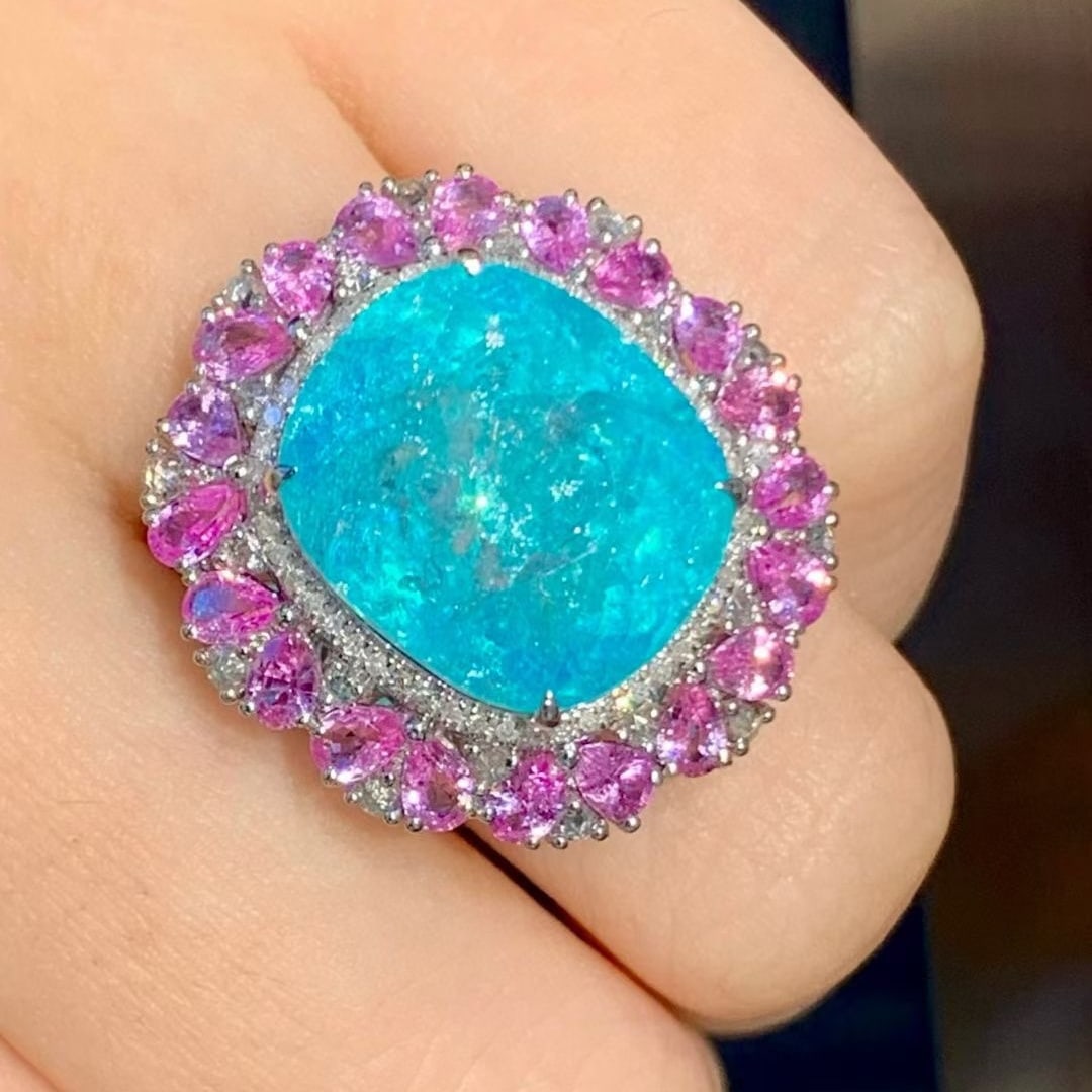 14k Gold 14.3 Ct Natural Paraiba Tourmaline & Sapphire & Diamond Ring - 4
