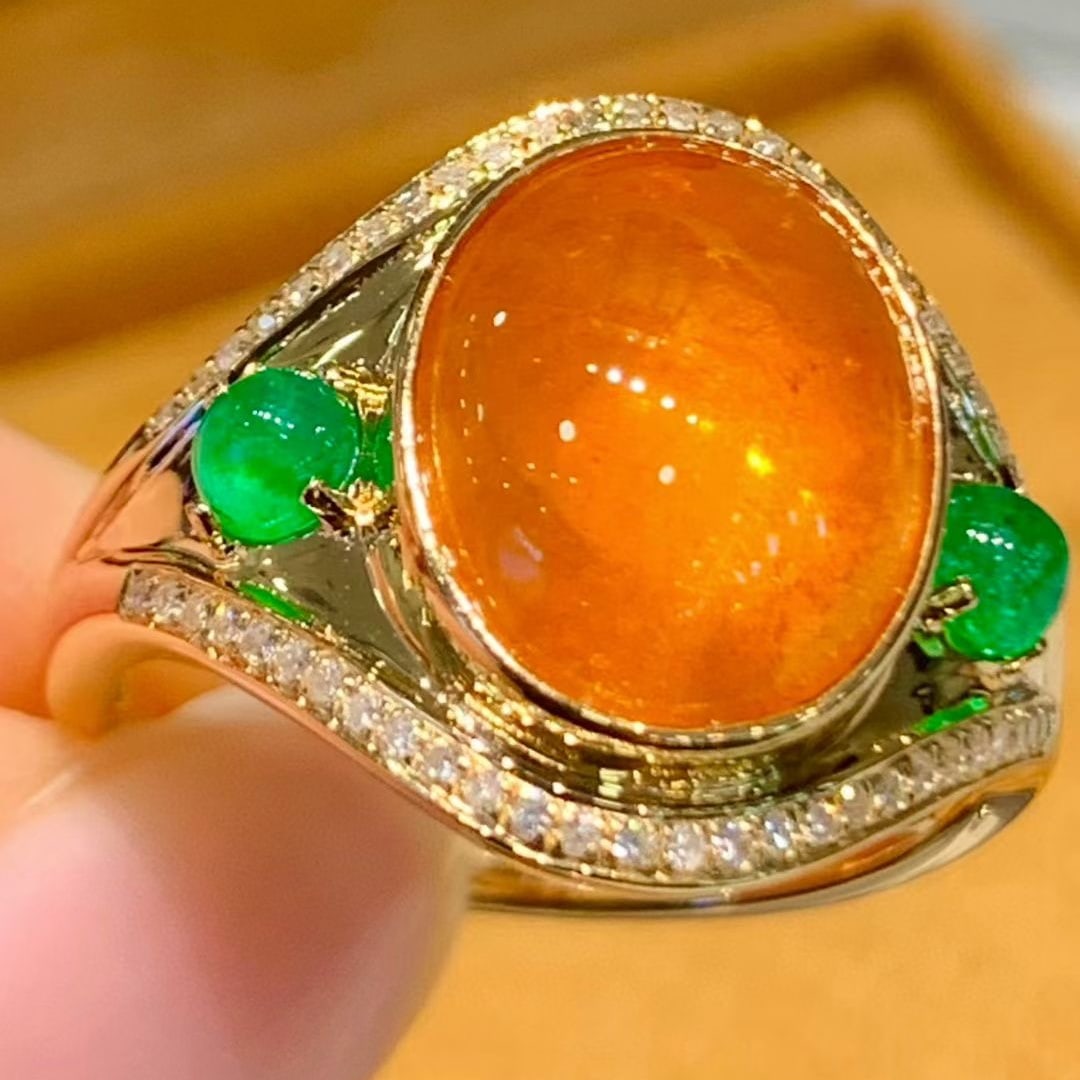14k Gold 8.9 Ct Natural Spessartine & Emerald & Diamond Ring - 4