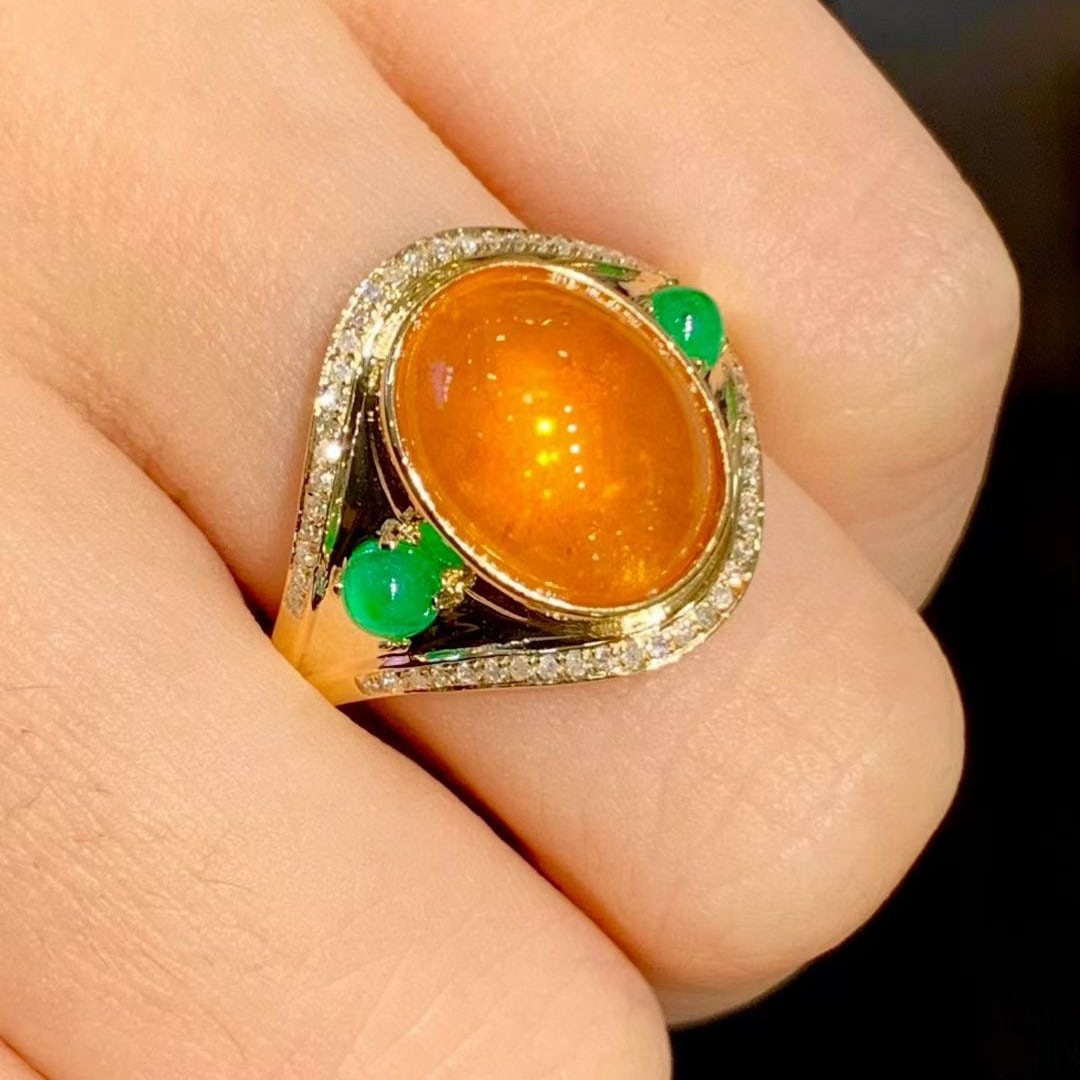 14k Gold 8.9 Ct Natural Spessartine & Emerald & Diamond Ring - 6