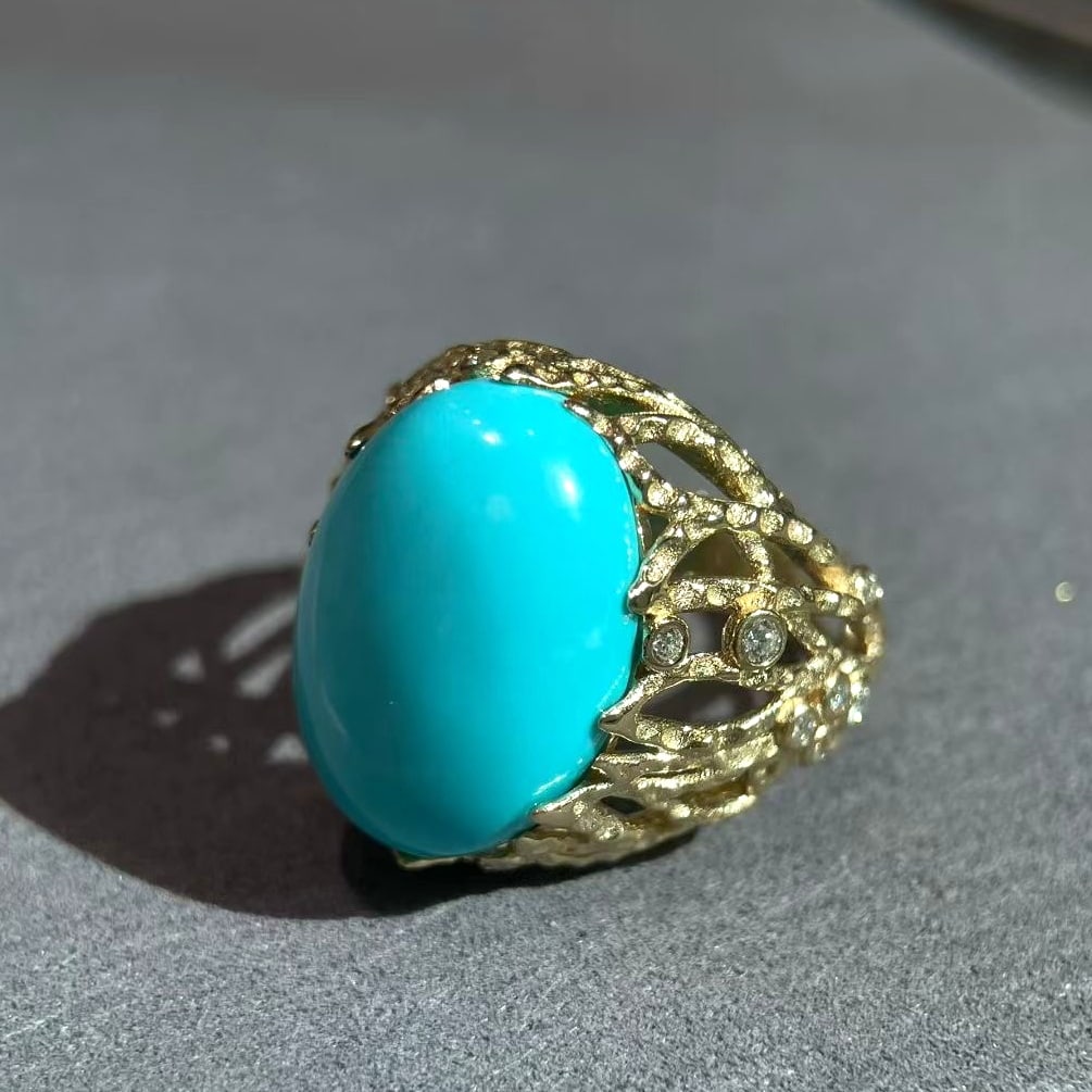 14k Gold 10.85 Ct Natural Blue Turquoise Ring - 2