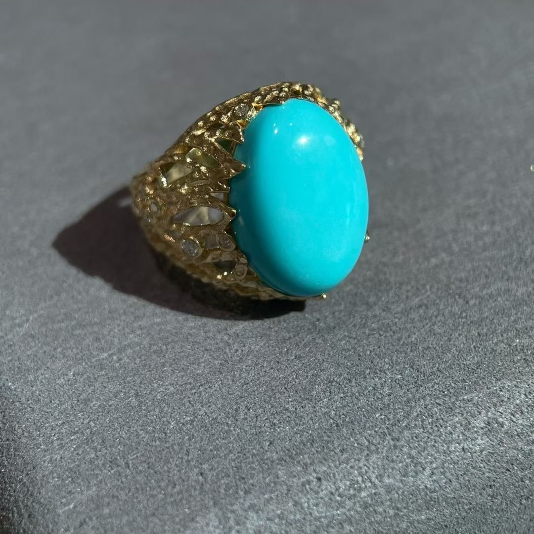 14k Gold 10.85 Ct Natural Blue Turquoise Ring - 3