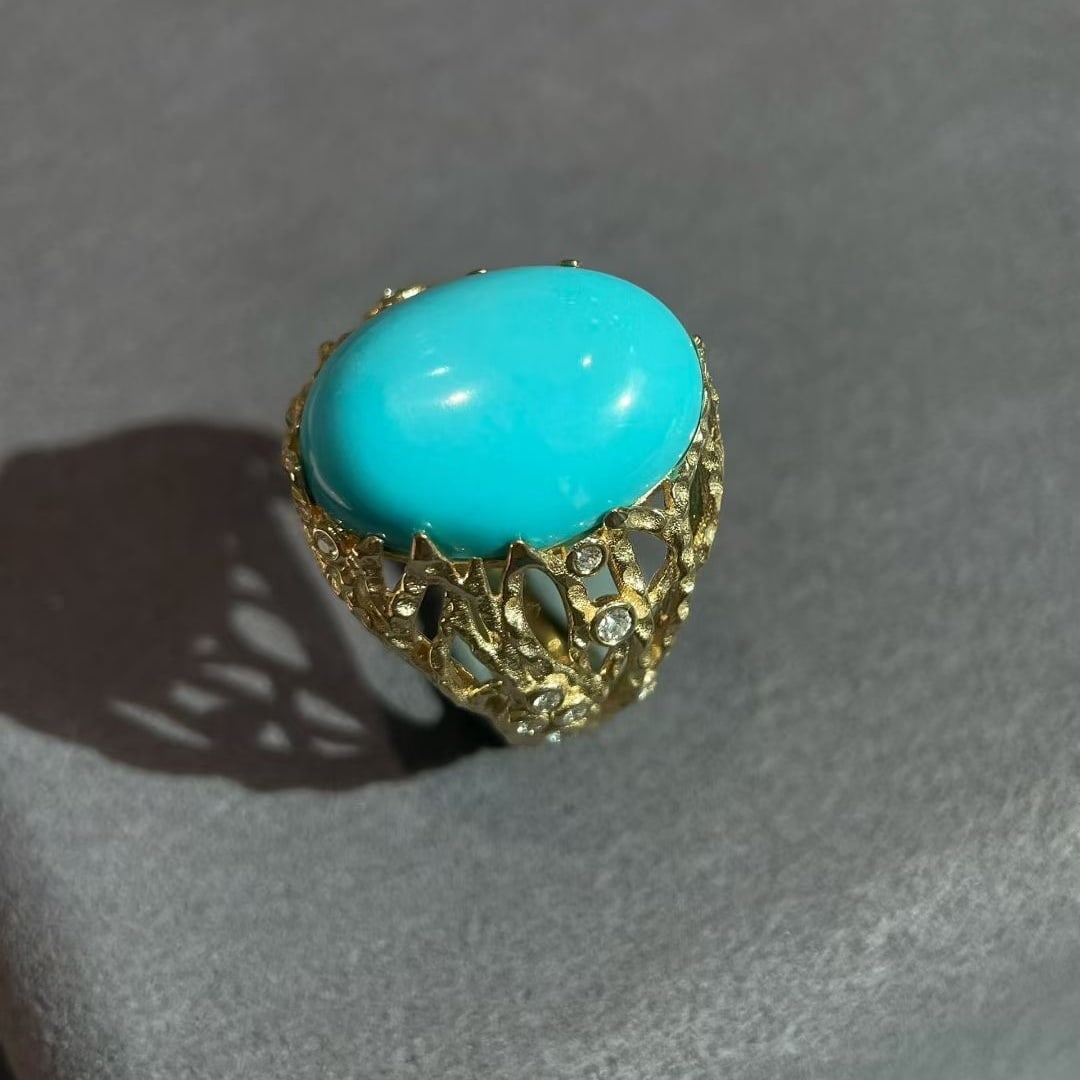 14k Gold 10.85 Ct Natural Blue Turquoise Ring - 4