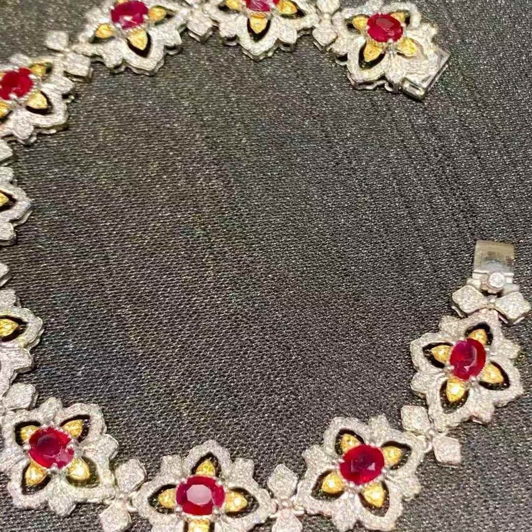14k Gold 7.20 Ct Natural Ruby & Color Diamond Bracelet - 2
