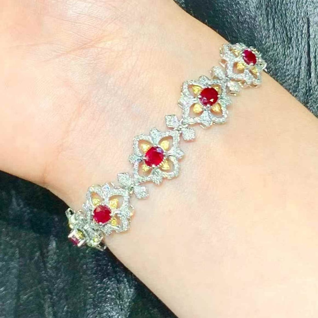 14k Gold 7.20 Ct Natural Ruby & Color Diamond Bracelet - 4