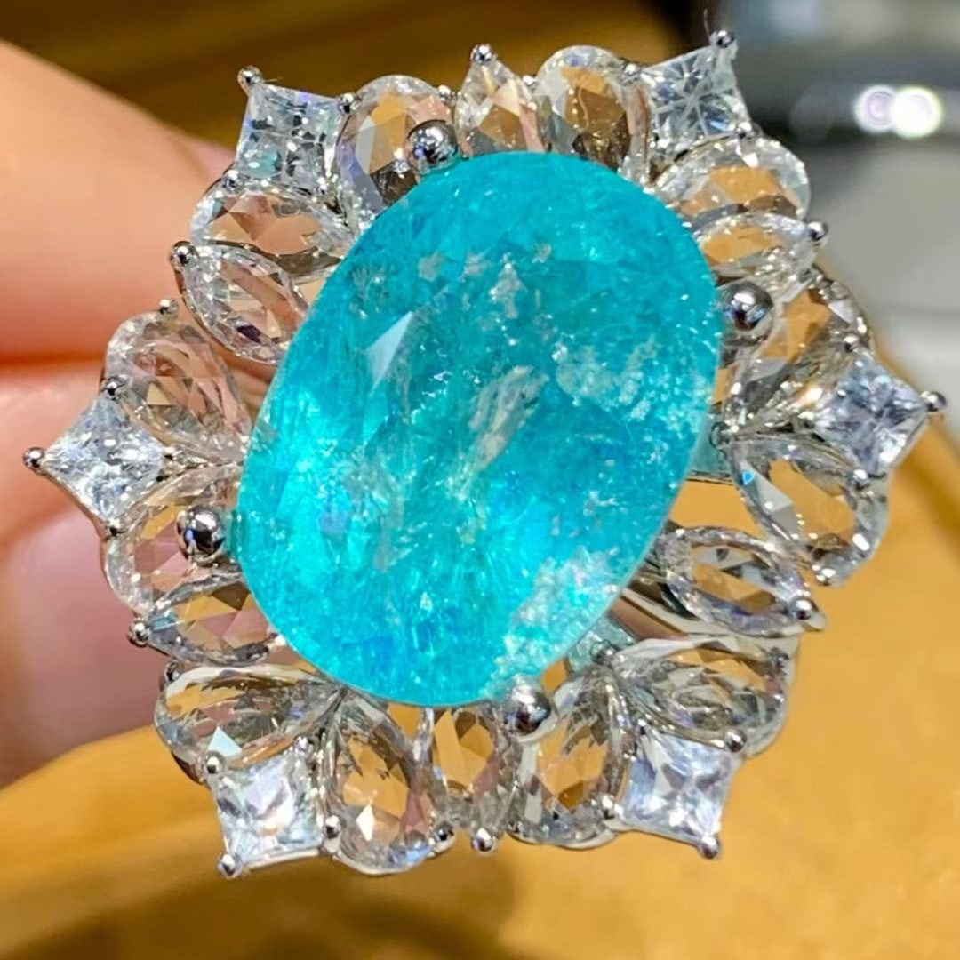 14k Gold 10.2 Ct Natural Paraiba Tourmaline & Sapphire Ring - 3