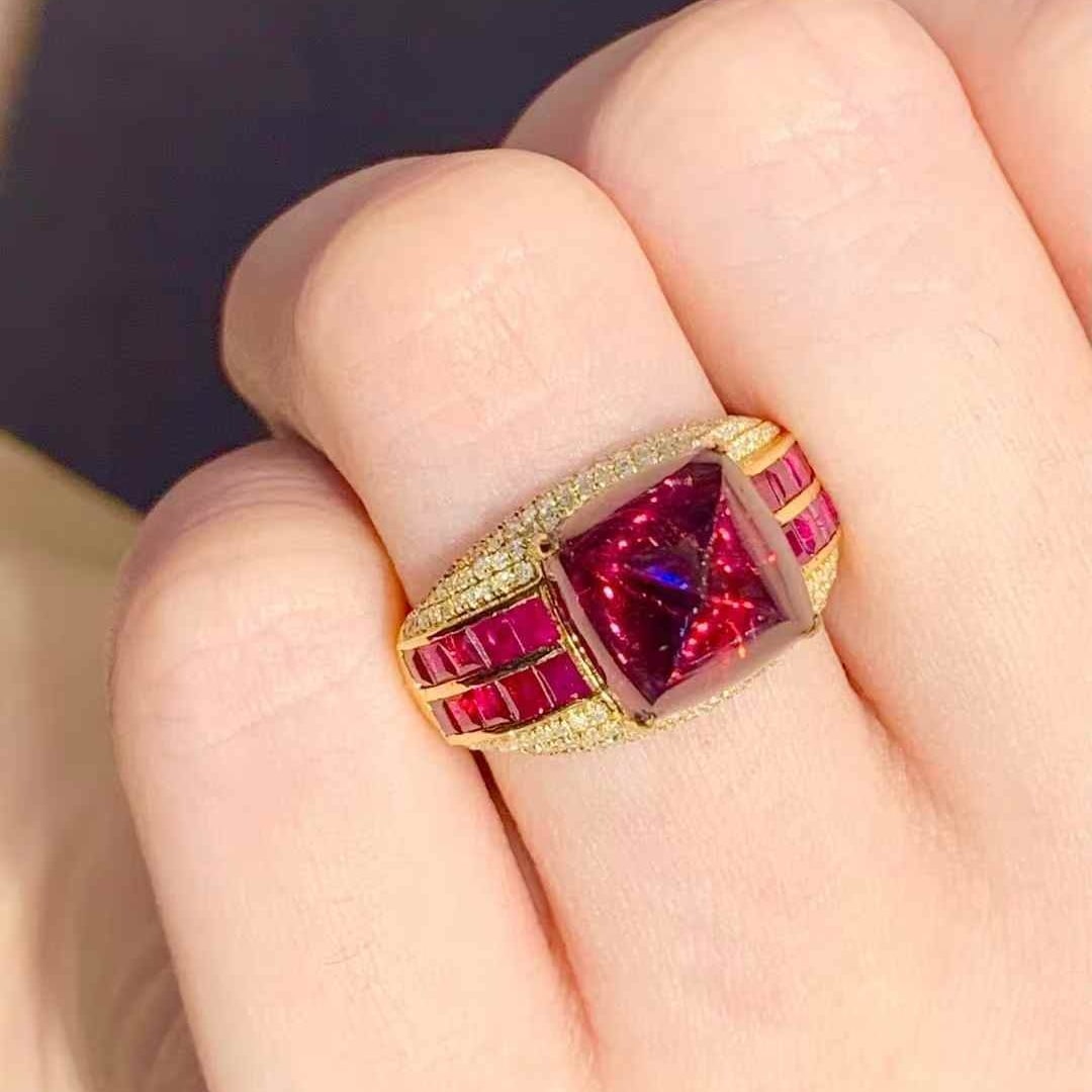14k Gold 6.5 Ct Natural Tourmaline & Ruby & Diamond Ring - 4