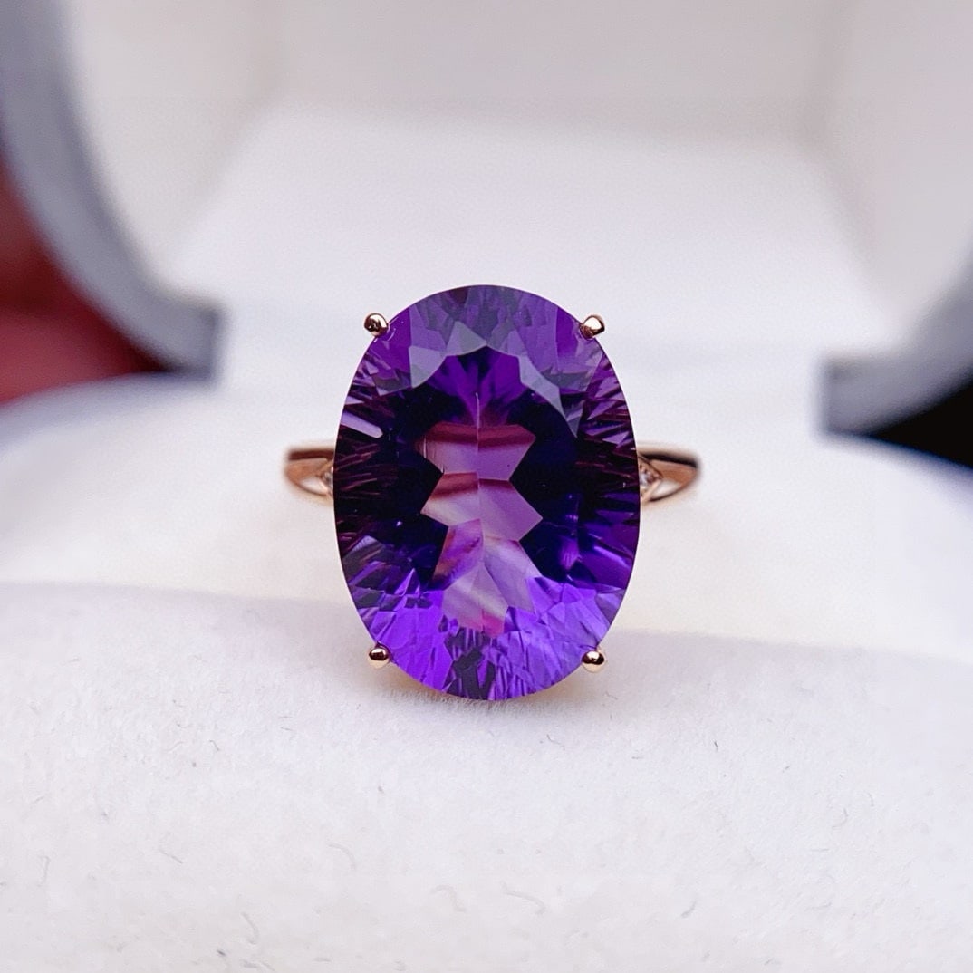 14k Gold 8.73 Ctw Natural Amethyst & Diamond Ring: Ref:231079056 // gold content:14k gold // ring size:7. 25 us // // main gemstone:amethyst // shape:oval // carat weight:8. 7ct // color:purple // treatment:natural // // adjacent gemstone 2 : diamond
