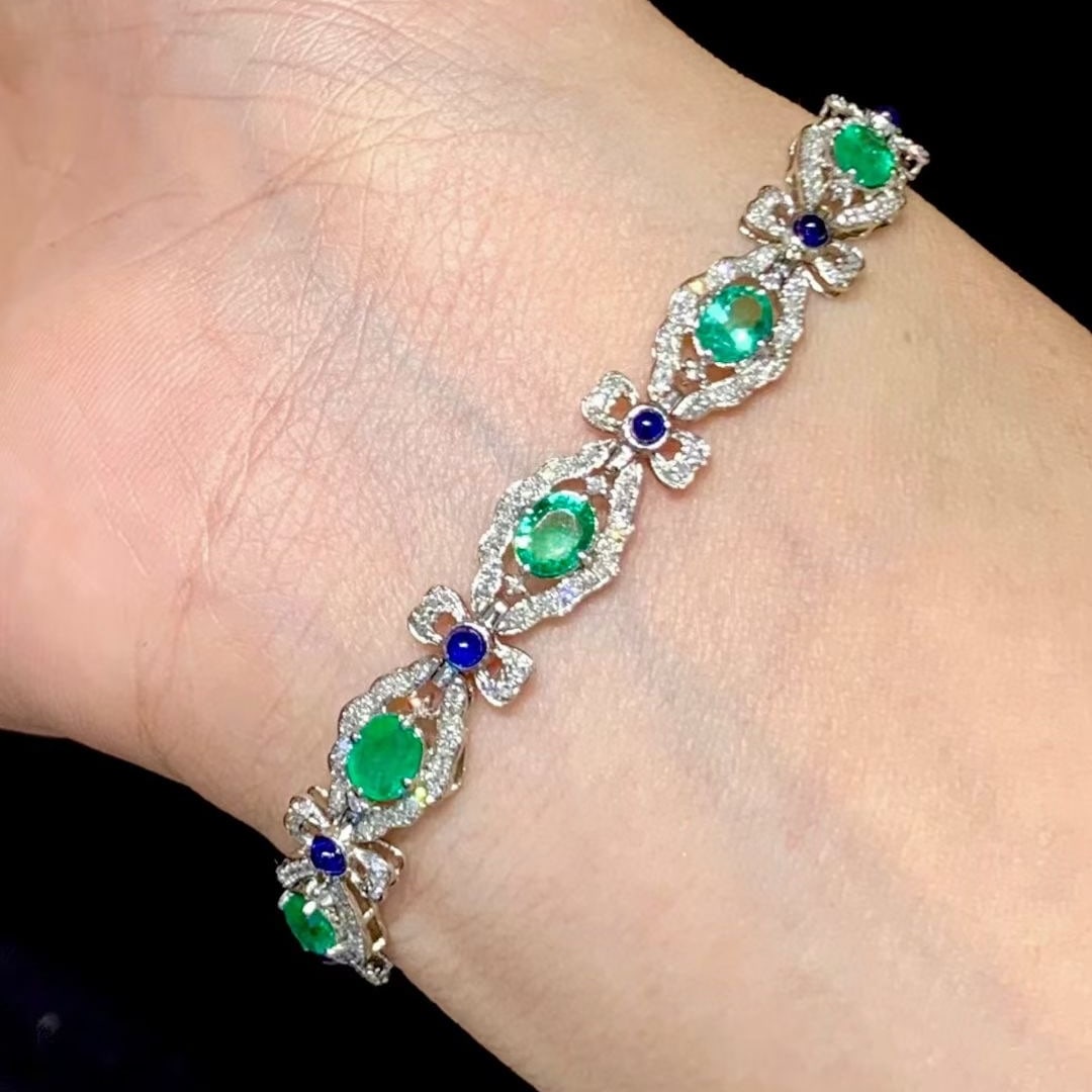 14k Gold 3 Ct Natural Emerald & Diamond Bracelet - 3