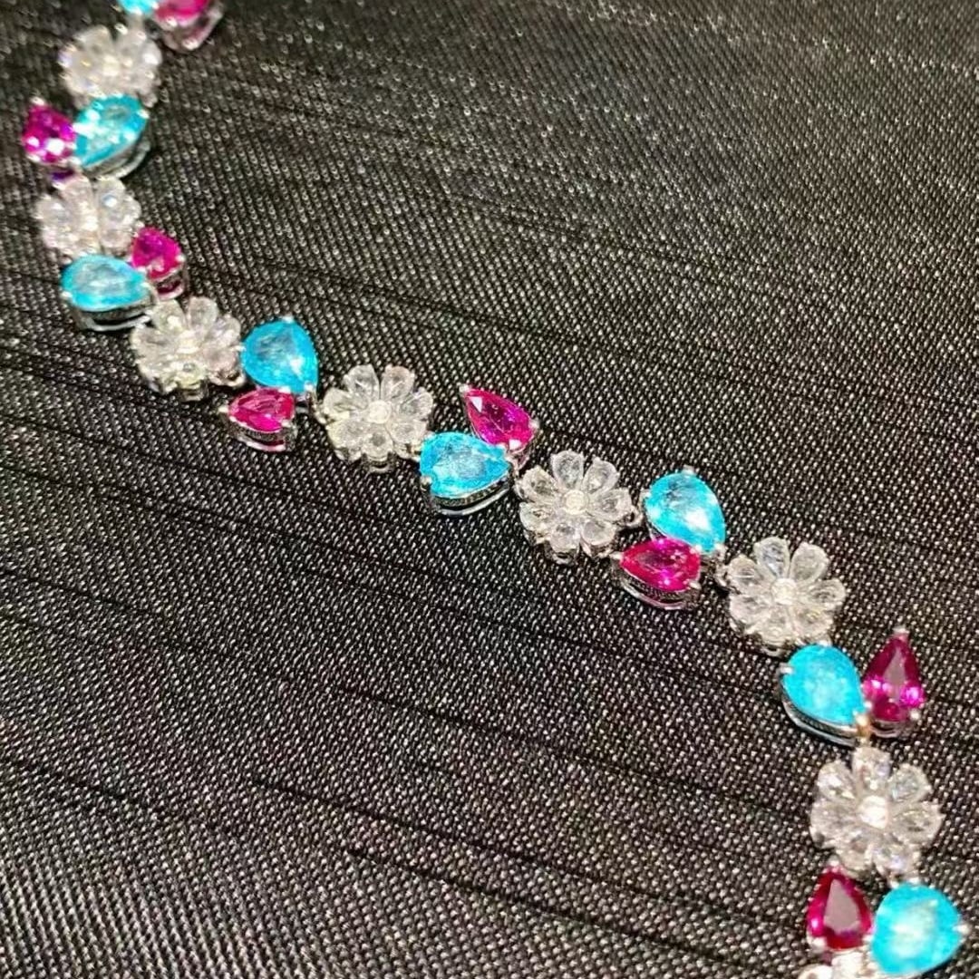 14k Gold 9.3 Ct Natural Paraiba Tourmaline & Ruby Bracelet - 6