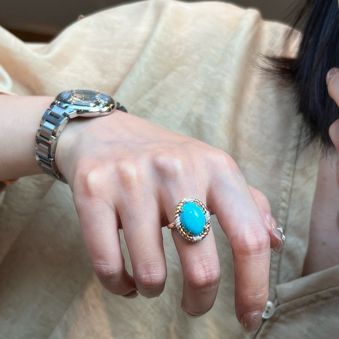 14k Gold 5.06 Ctw Natural Blue Turquoise & Diamond Ring - 4