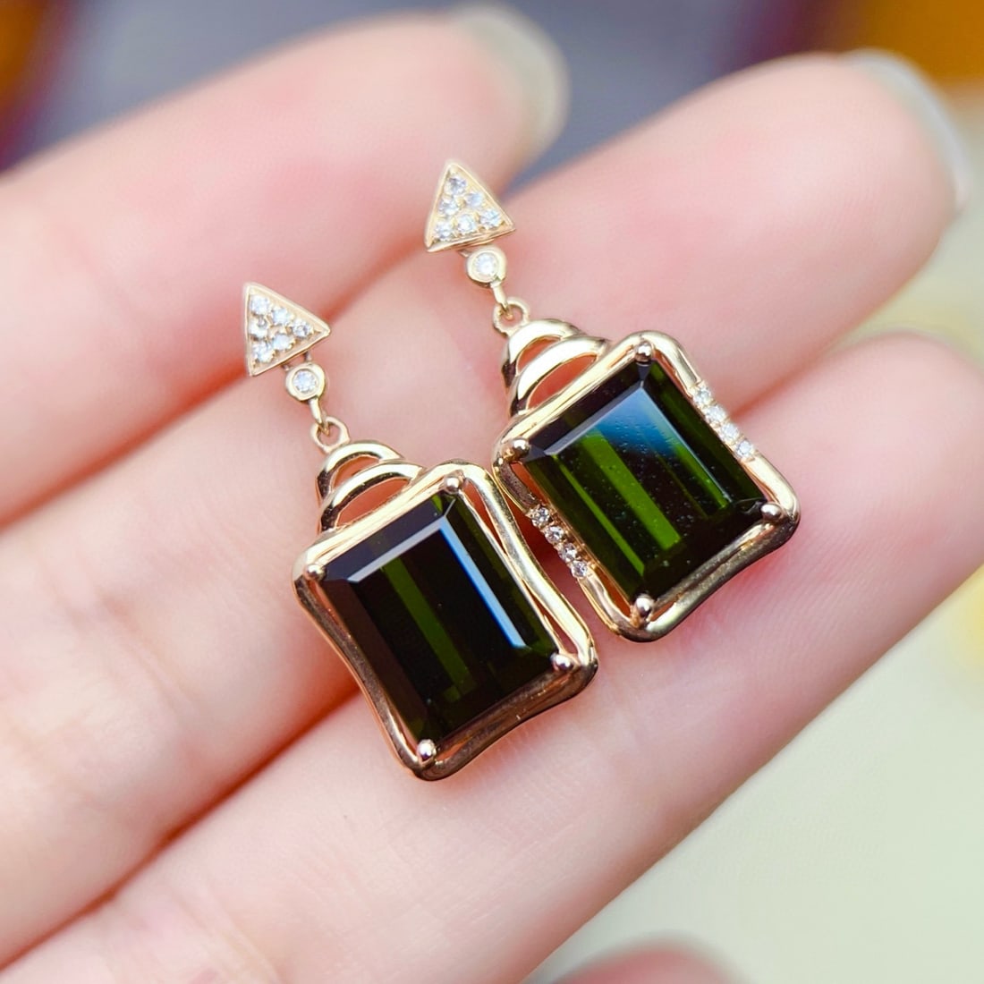 14k Gold 4.64 Ctw Natural Tourmaline & Diamond Earrings - 6