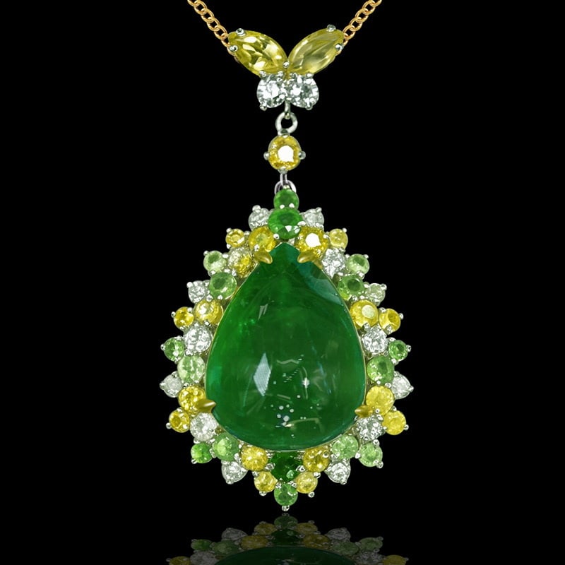 14k Gold 9.87 Ctw Natural Emerald & Sapphire Pendant( Without Chain ): Ref:231079098 // gold content:14k gold // main gemstone:emerald // shape:pear // carat weight:8. 58ct // color:green // treatment:natural // // adjacent gemstone 2 : sapphire // shape:multiple //