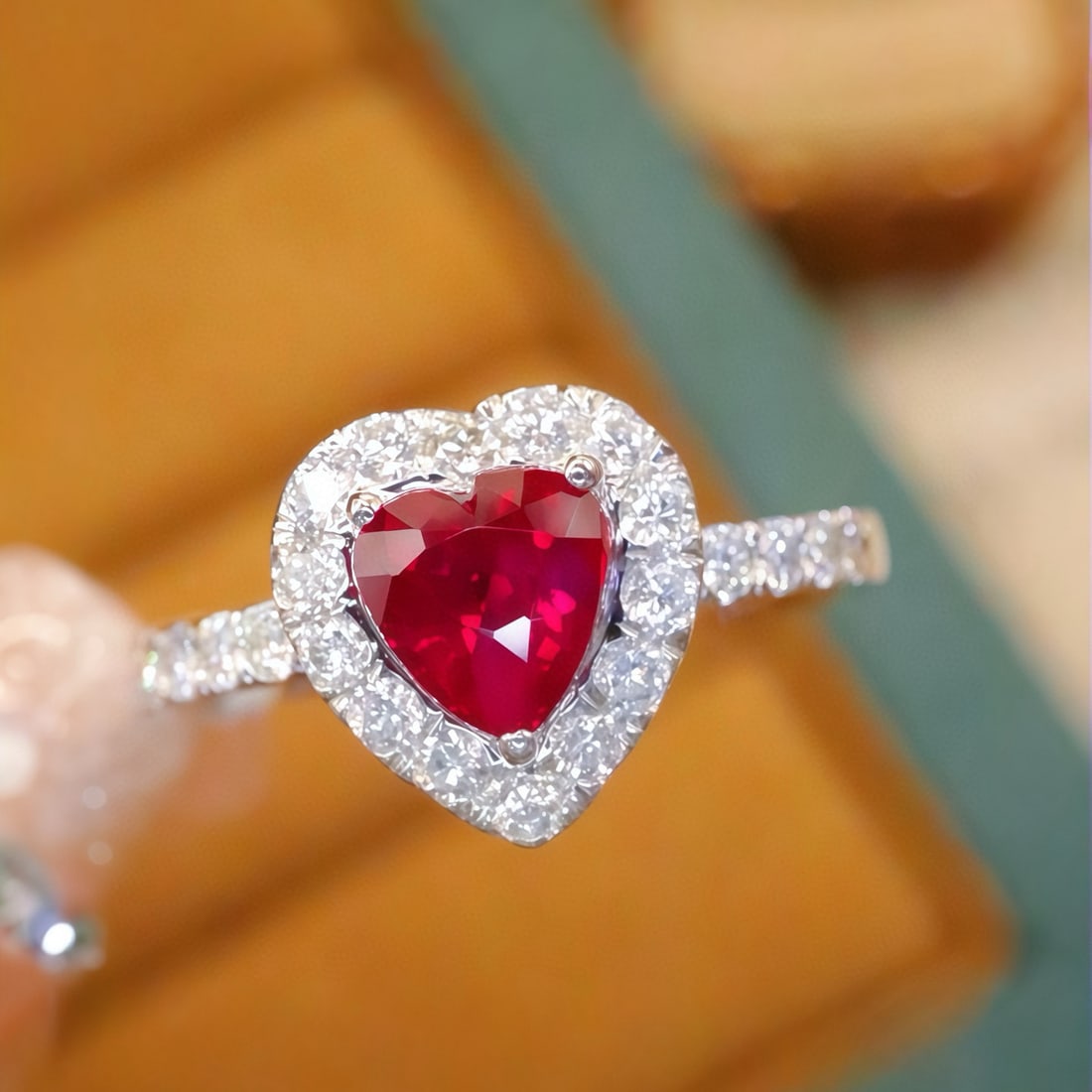 14k Gold 1.34 Ctw Natural Ruby & Diamond Ring: Ref:231079100 // gold content:14k gold // ring size:7. 25 us // // main gemstone:ruby // shape:heart // carat weight:0. 9ct // color:red // treatment:natural // // adjacent gemstone 2 : diamond //