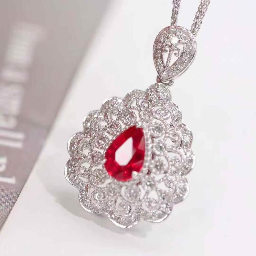 14k Gold 1.09 Ctw Natural Ruby & Diamond Pendant( Without Chain ) - 3