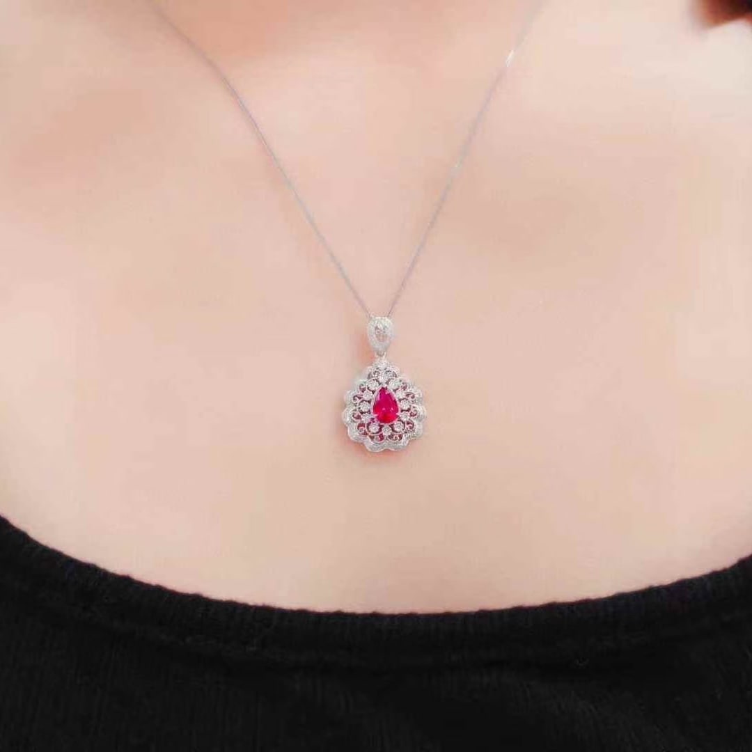 14k Gold 1.09 Ctw Natural Ruby & Diamond Pendant( Without Chain ) - 5