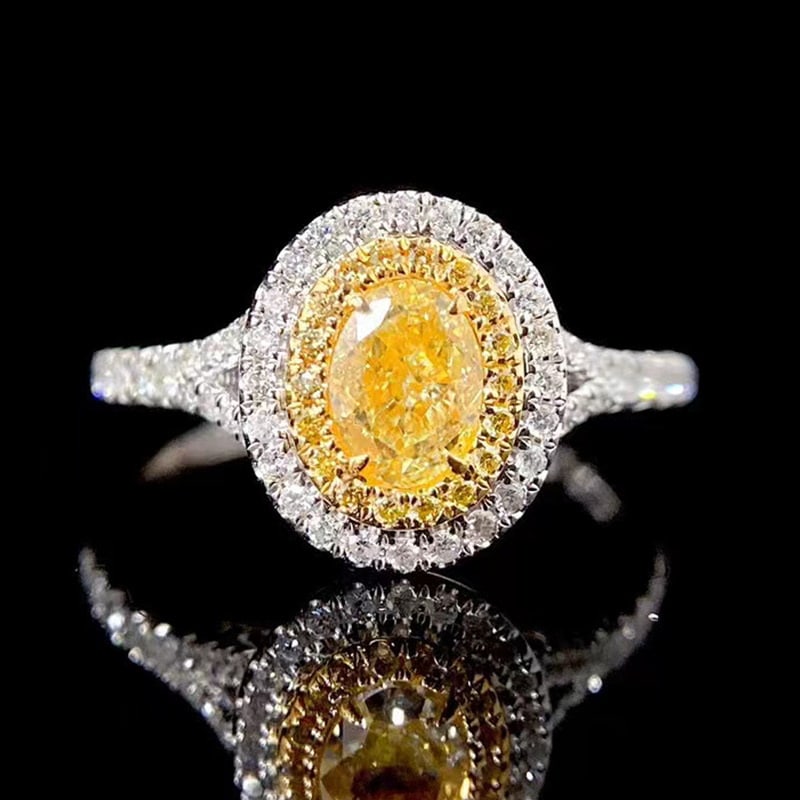 14k Gold 0.8 Ctw Natural Yellow Diamond & Diamond Ring: Ref:231079111 // gold content:14k gold // ring size:7. 25 us // // main gemstone:yellow diamond // shape:oval // carat weight:0. 5ct // color:yellow // treatment:natural // // adjacent gemstone 2 :