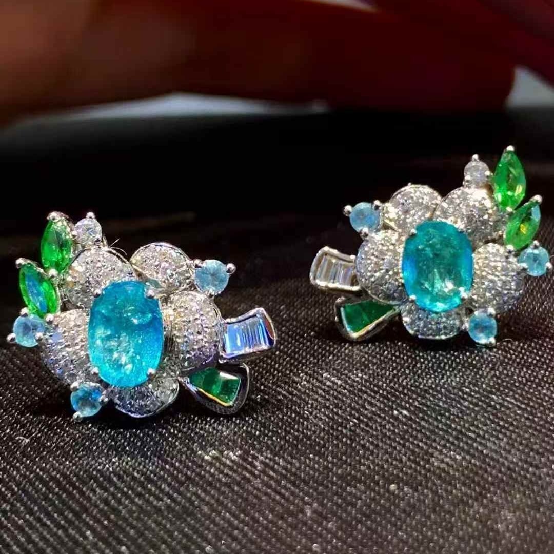 14k Gold 1.1 Ct Natural Paraiba Tourmaline & Diamond & Coloured Gemstone Earrings - 2