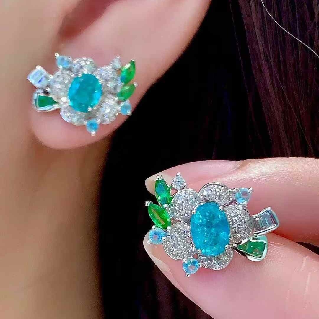 14k Gold 1.1 Ct Natural Paraiba Tourmaline & Diamond & Coloured Gemstone Earrings - 3