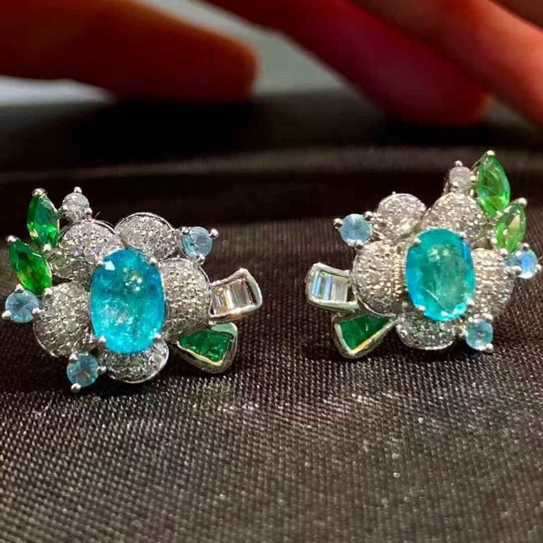 14k Gold 1.1 Ct Natural Paraiba Tourmaline & Diamond & Coloured Gemstone Earrings - 4