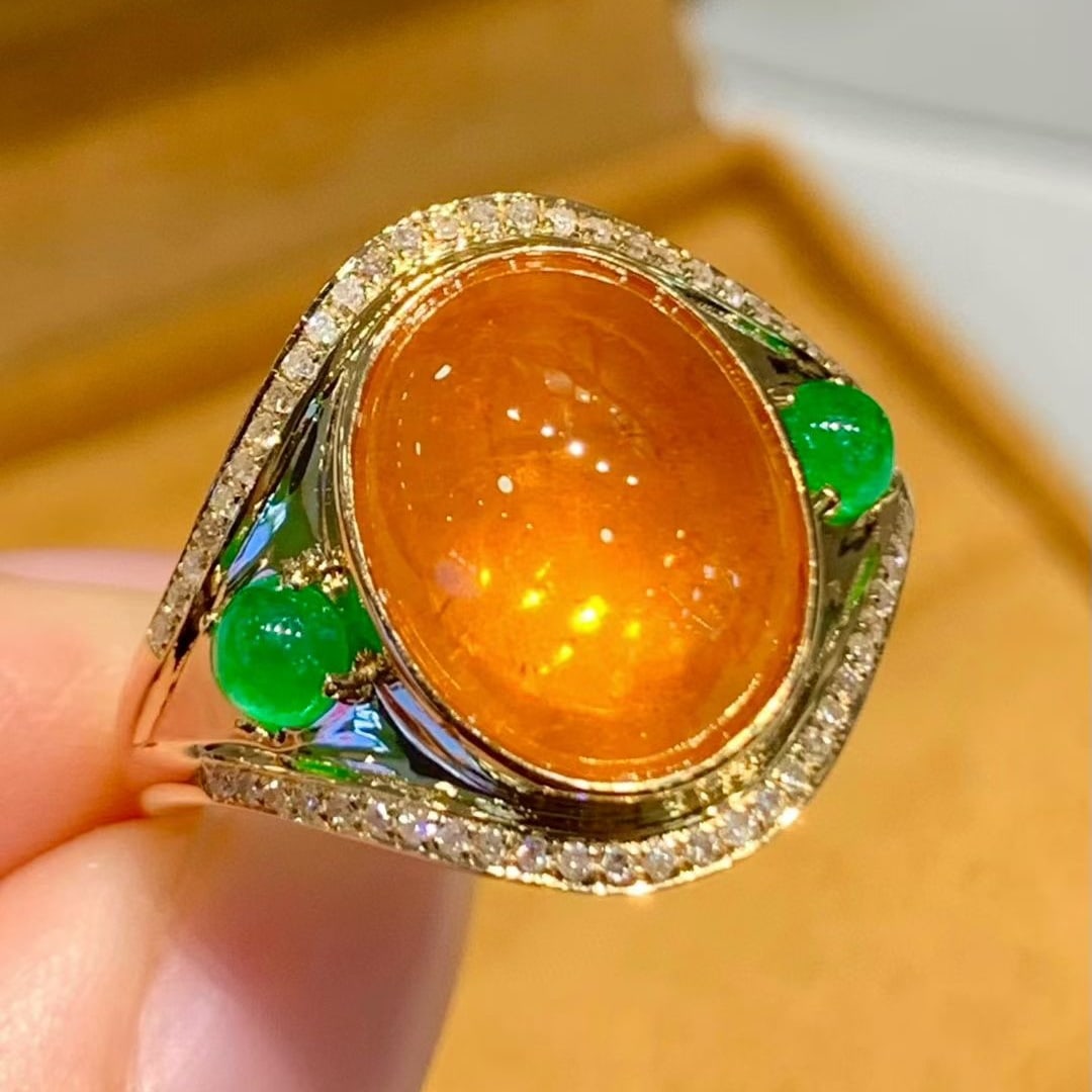 14k Gold 8.2 Ct Natural Spessartine & Emerald & Diamond Ring: Ref:231079126 // gold content:14k gold // ring size:7. 25 us // // main gemstone:spessartine // shape:oval // carat weight:8. 2ct // color:orange // treatment:natural // // adjacent gemstone 2 :