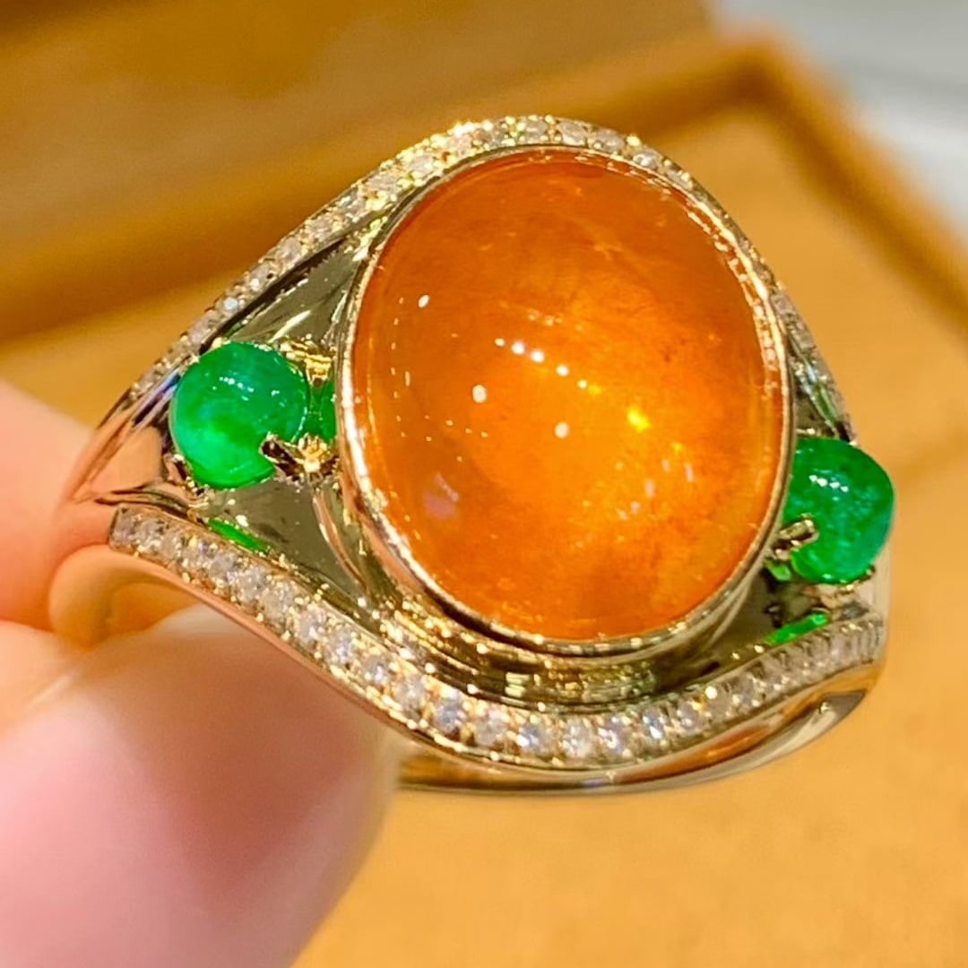 14k Gold 8.2 Ct Natural Spessartine & Emerald & Diamond Ring - 4