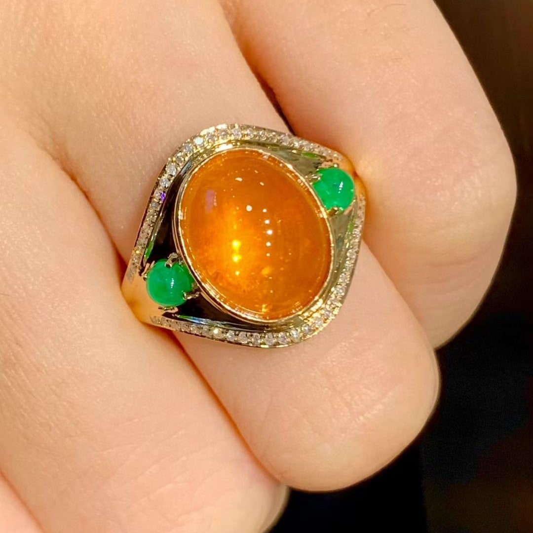 14k Gold 8.2 Ct Natural Spessartine & Emerald & Diamond Ring - 5