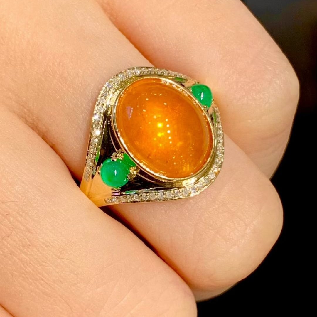 14k Gold 8.2 Ct Natural Spessartine & Emerald & Diamond Ring - 6