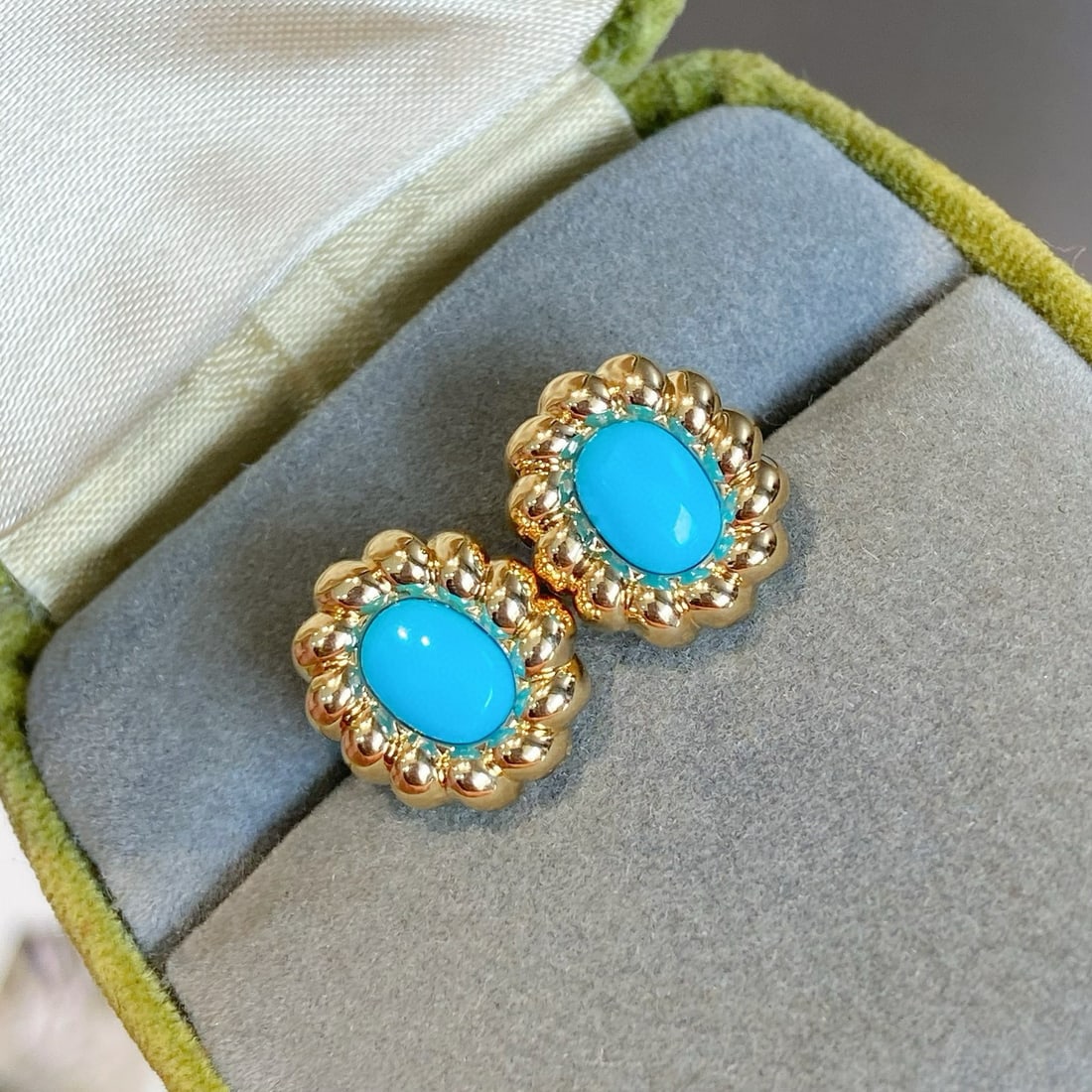 14k Gold 1.8 Ct Natural Blue Turquoise Earrings - 2