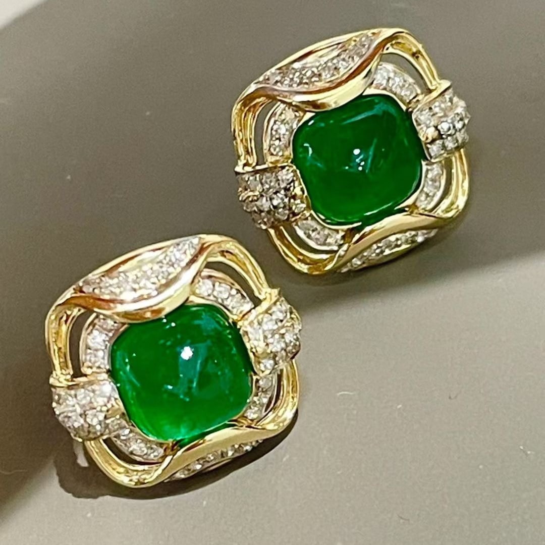 14k Gold 3 Ct Natural Emerald & Diamond Earrings - 3