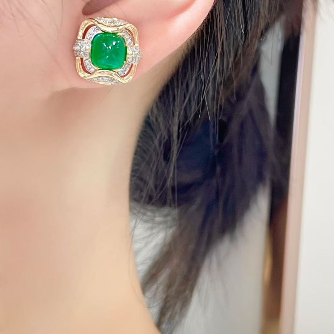 14k Gold 3 Ct Natural Emerald & Diamond Earrings - 4