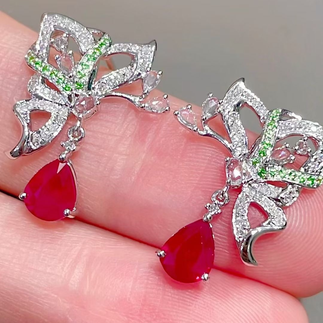 14k Gold 1.3 Ct Natural Ruby & Diamond & Coloured Gemstone Earrings - 2