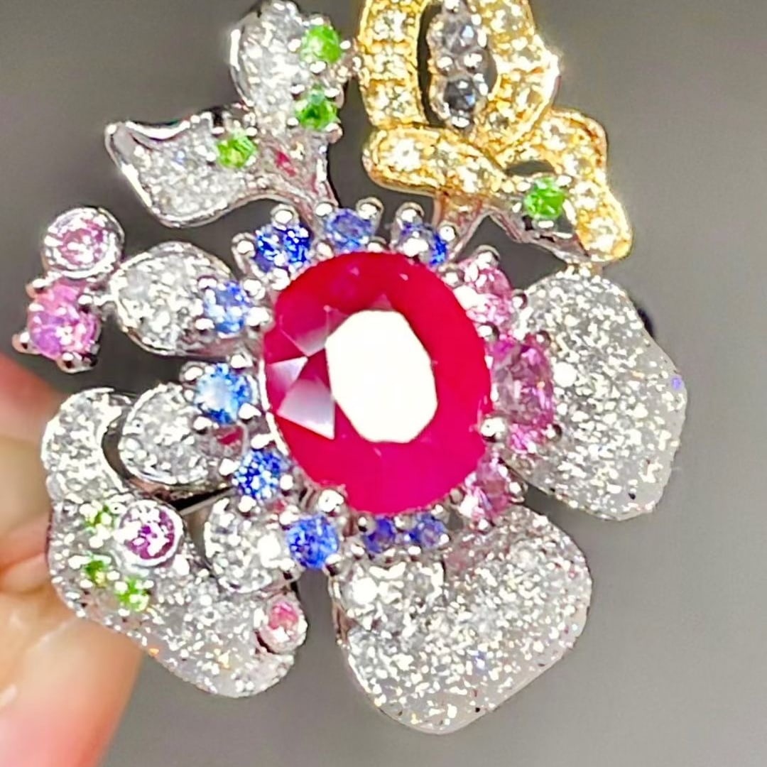 14k Gold 1 Ct Natural Ruby & Coloured Gemstone & Diamond Ring - 2
