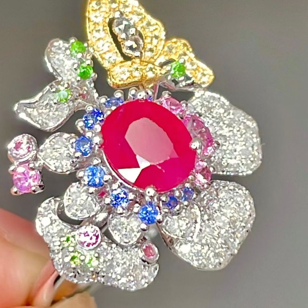 14k Gold 1 Ct Natural Ruby & Coloured Gemstone & Diamond Ring - 3