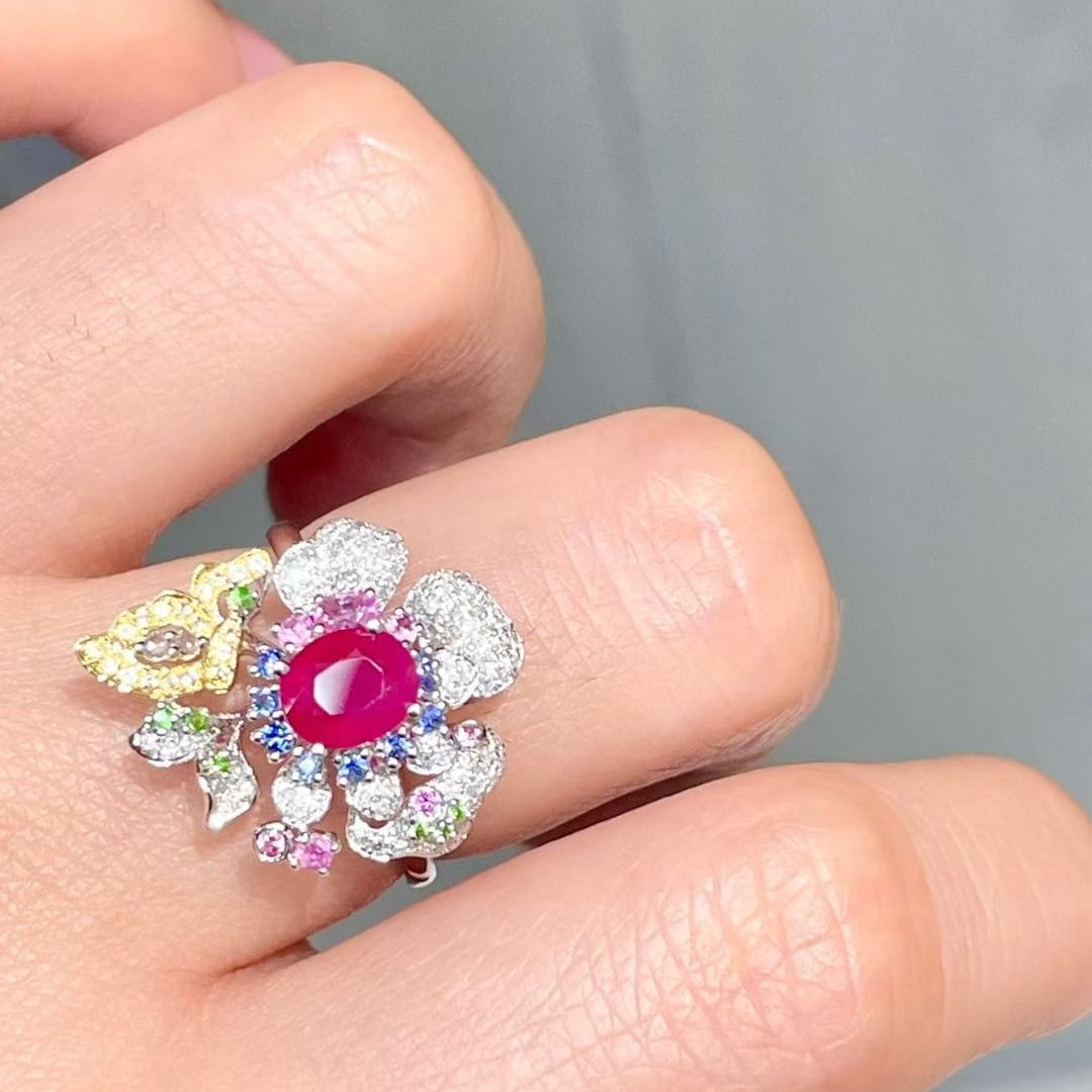 14k Gold 1 Ct Natural Ruby & Coloured Gemstone & Diamond Ring - 5