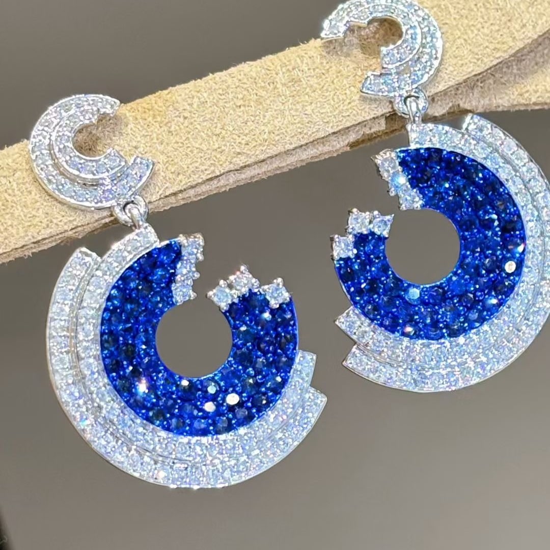 14k Gold 4.8 Ctw Natural Sapphire & Diamond Earrings - 2