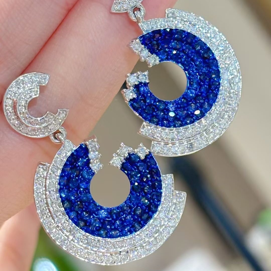14k Gold 4.8 Ctw Natural Sapphire & Diamond Earrings - 6
