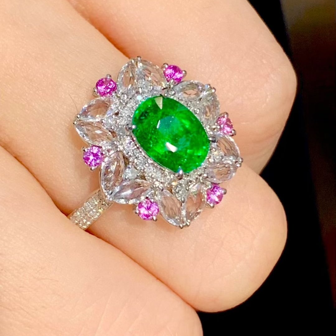 14k Gold 1.65 Ct Natural Tsavorite & Diamond & Coloured Gemstone Ring - 5