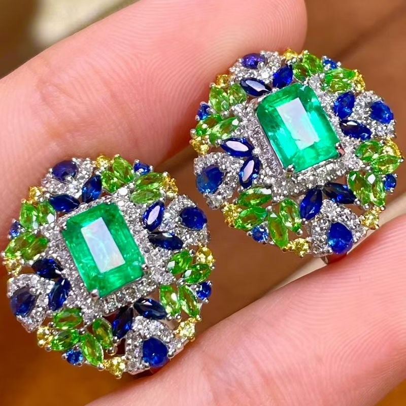 14k Gold 4.35 Ctw Natural Emerald & Diamond & Coloured Gemstone Earrings - 6