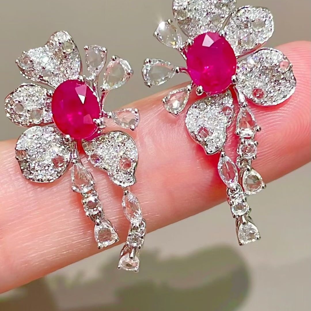 14k Gold 1.3 Ct Natural Ruby & Diamond & Sapphire Earrings: Ref:231079176 // gold content:14k gold // main gemstone:ruby // number of stones:2 // shape:oval // carat weight:1. 3ct // color:red // treatment:natural // // adjacent gemstone 2 : diamond // shape:r
