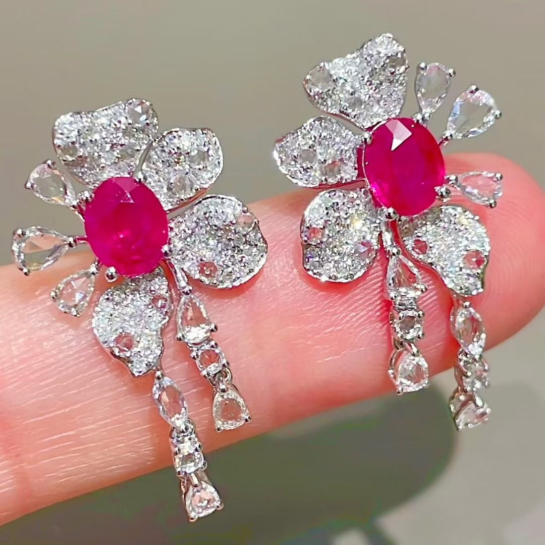 14k Gold 1.3 Ct Natural Ruby & Diamond & Sapphire Earrings - 4