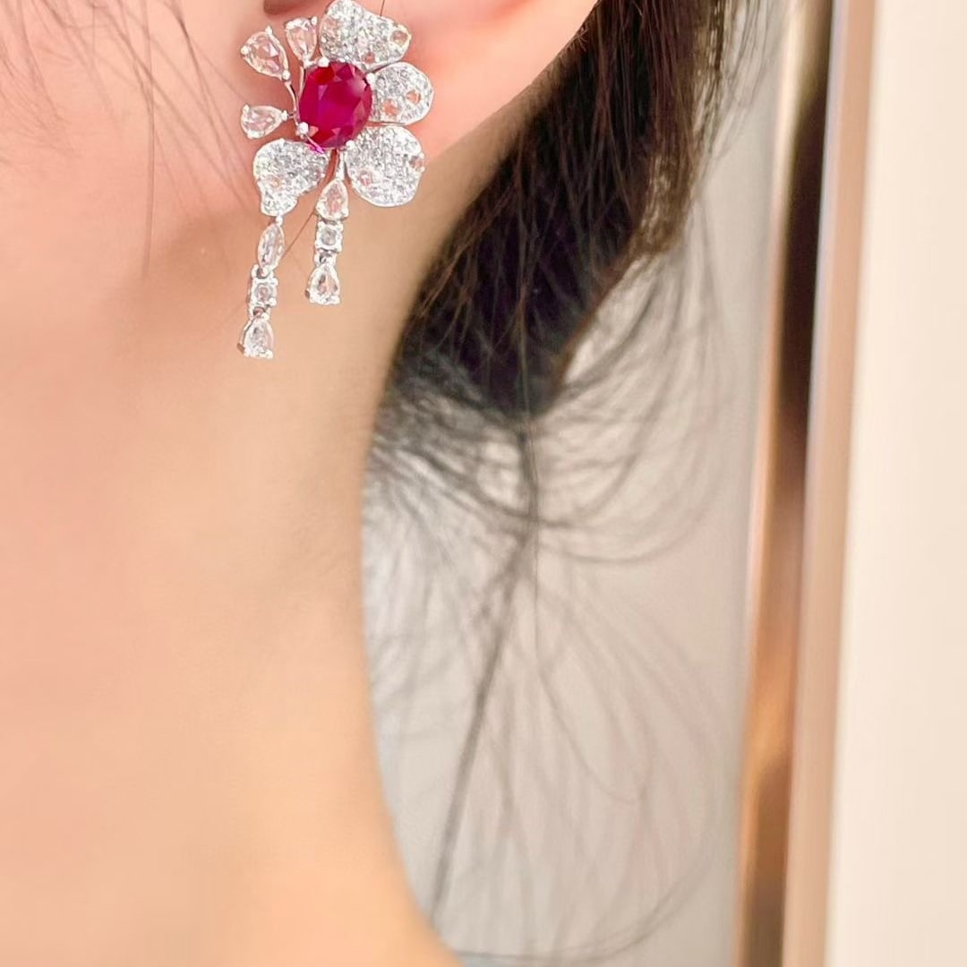 14k Gold 1.3 Ct Natural Ruby & Diamond & Sapphire Earrings - 5
