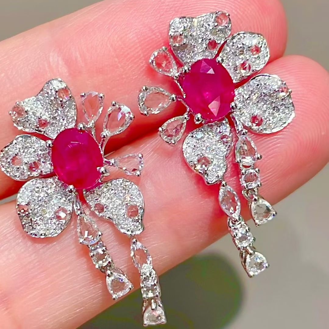 14k Gold 1.3 Ct Natural Ruby & Diamond & Sapphire Earrings - 7