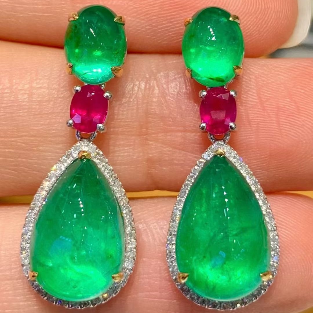 14k Gold 12.0 Ctw Natural Emerald & Ruby Earrings: Ref:231079180 // gold content:14k gold // main gemstone:emerald // number of stones:4 // shape:multiple // carat weight:11. 3ct // color:green // treatment:natural // // adjacent gemstone 2 : ruby //