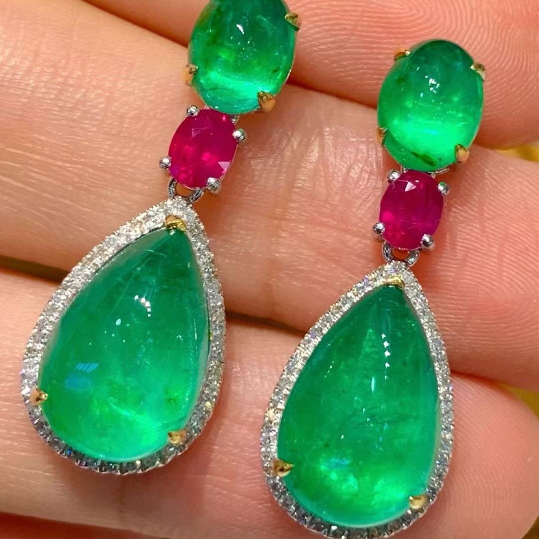 14k Gold 12.0 Ctw Natural Emerald & Ruby Earrings - 2