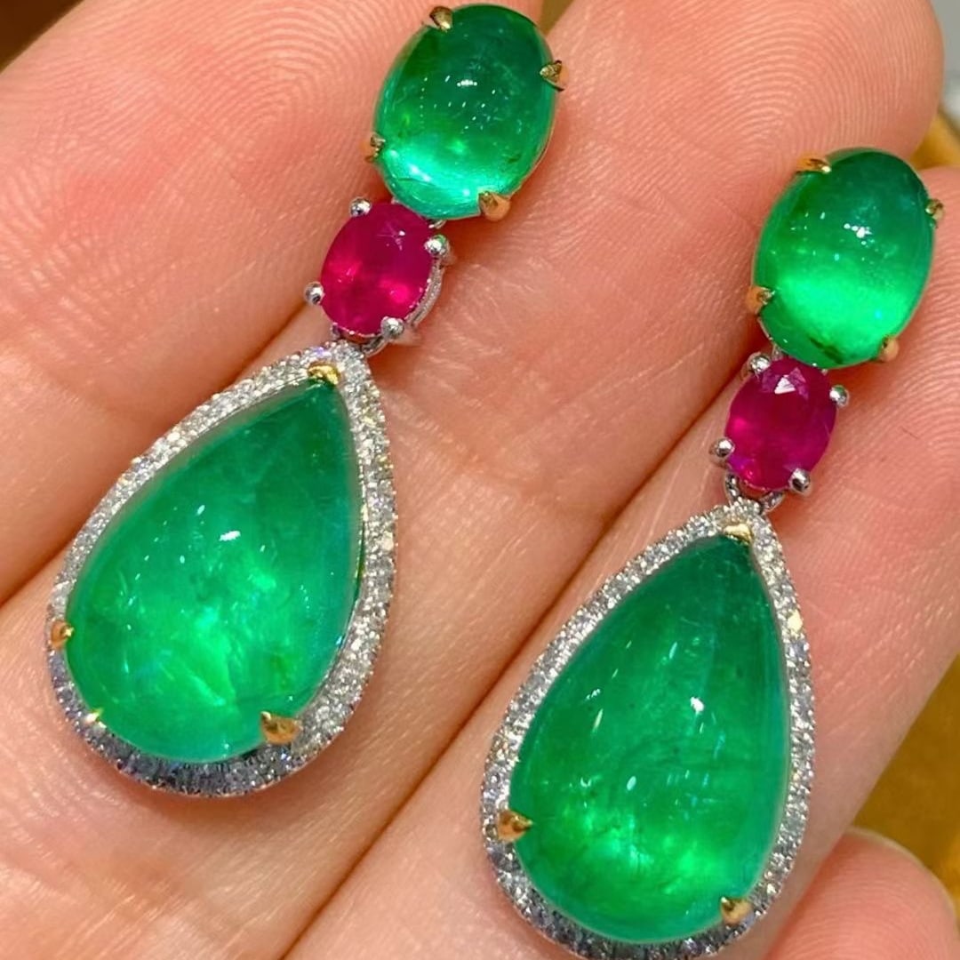 14k Gold 12.0 Ctw Natural Emerald & Ruby Earrings - 3