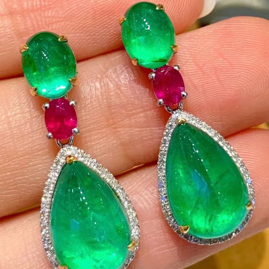 14k Gold 12.0 Ctw Natural Emerald & Ruby Earrings - 5