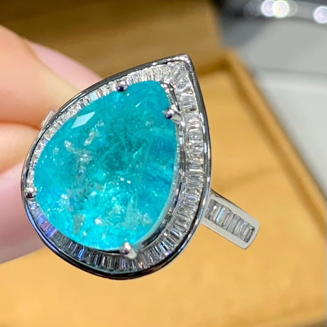 14k Gold 7.3 Ct Natural Paraiba Tourmaline & Diamond Ring - 2