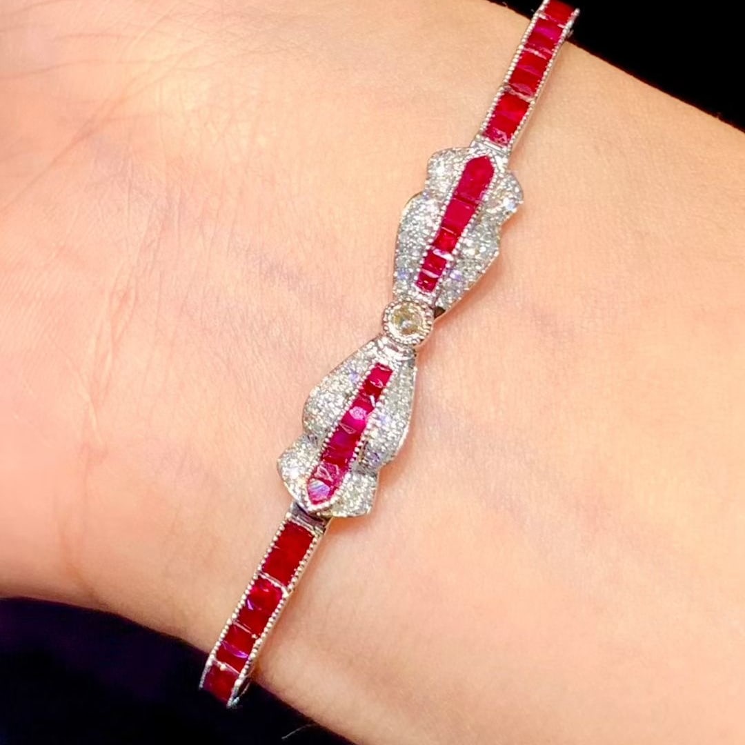 14k Gold 6 Ct Natural Ruby & Diamond Bracelet - 7