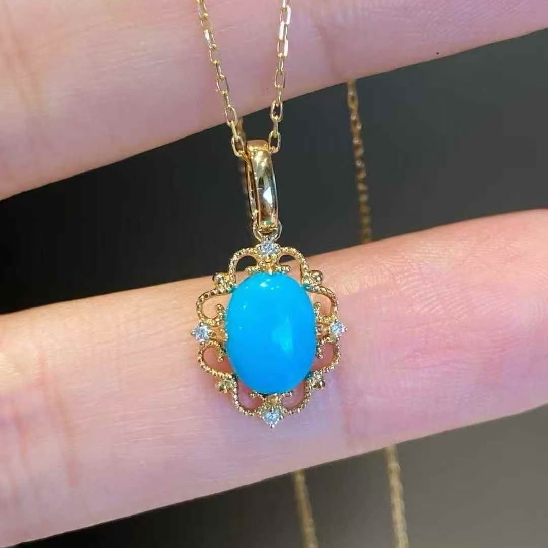 14k Gold 1.33 Ctw Natural Blue Turquoise & Diamond Pendant( Without Chain ) - 3