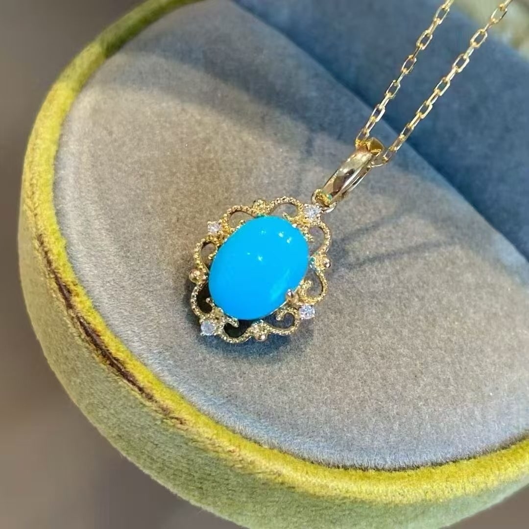 14k Gold 1.33 Ctw Natural Blue Turquoise & Diamond Pendant( Without Chain ) - 4